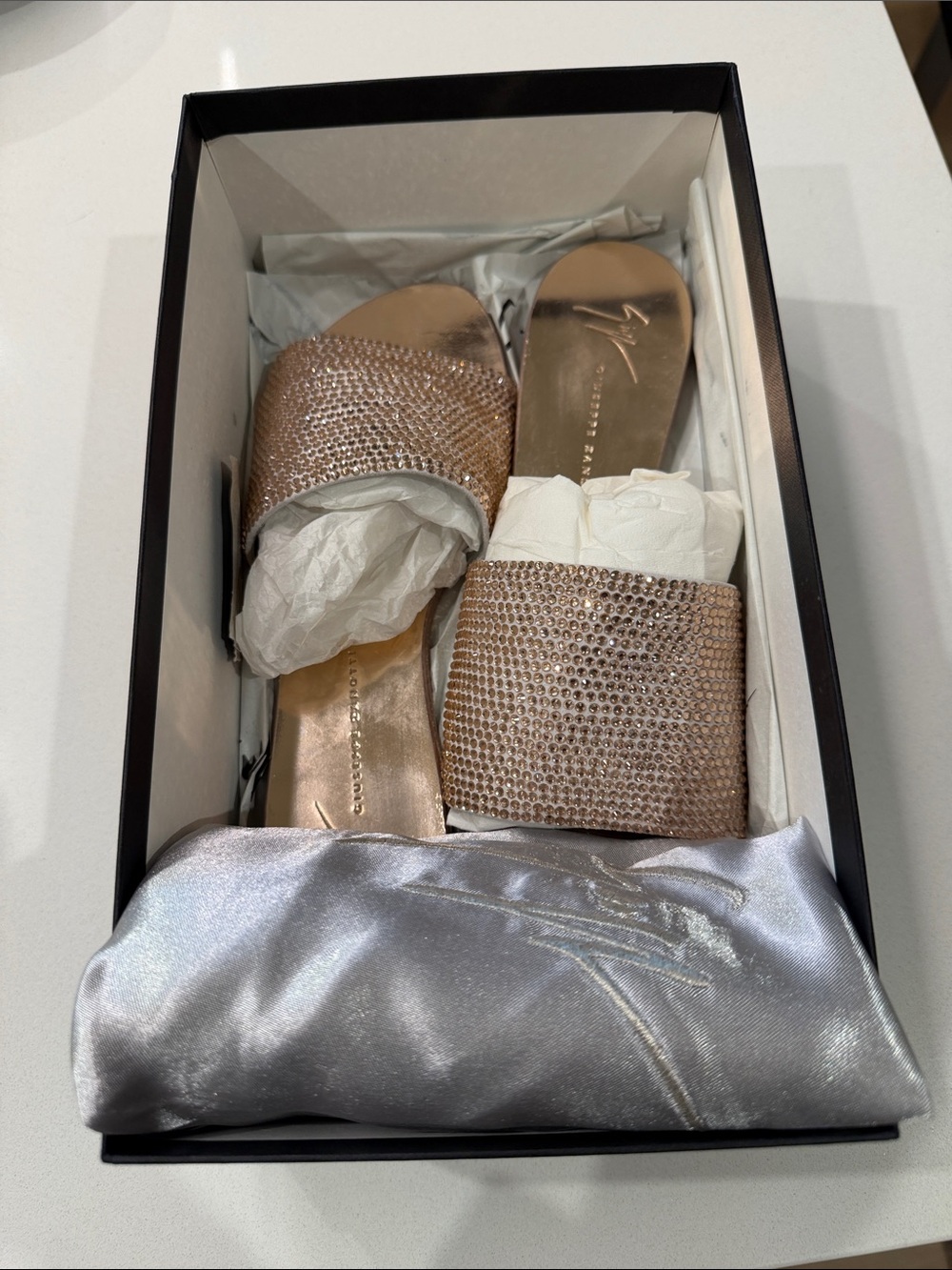 Giuseppe Zanotti Roll Crystal Suede Slide Sandal Nude Size 38